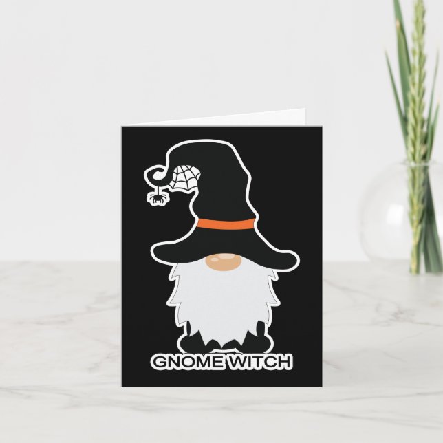 Halloween Gnome Witch White Hair Black Hat Holiday Card (Front)