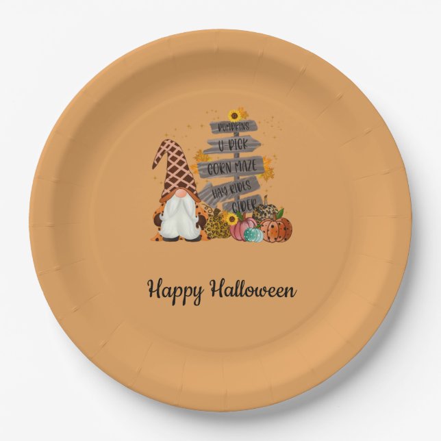 Halloween Gnomes, Fall, Pumpkins, Halloween Party Paper Plate (Front)