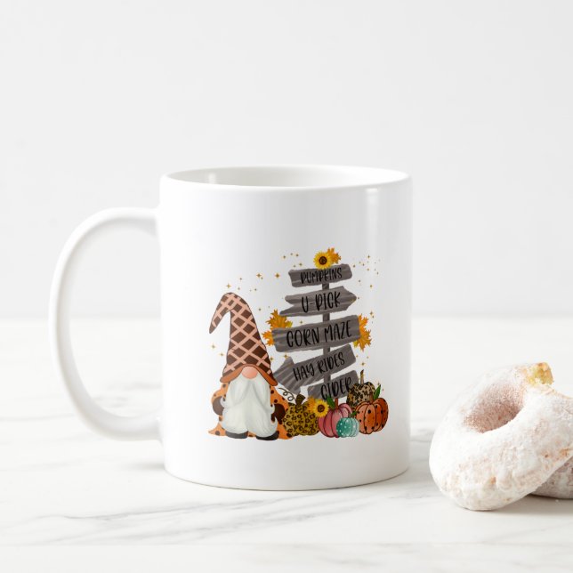 Halloween Gnomes, Fall, Pumpkins, Hayrides Coffee Mug (With Donut)