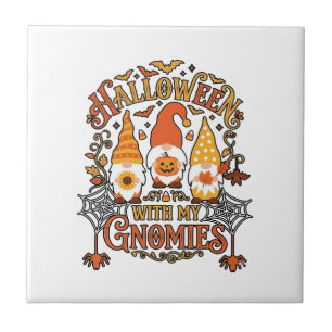 Halloween Gnomies Pumpkin Spider Web Bats_1 Ceramic Tile