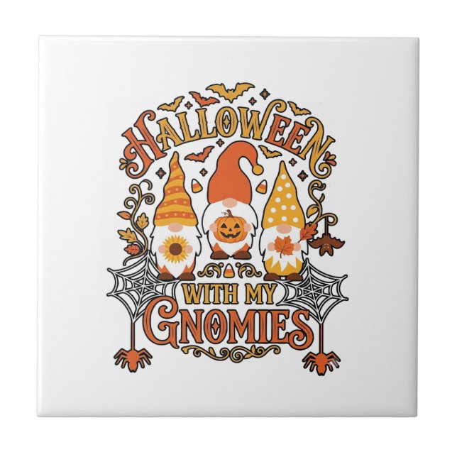 Halloween Gnomies Pumpkin Spider Web Bats_1 Ceramic Tile (Front)