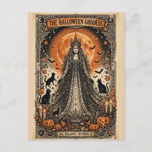Halloween Goddess Vintage Gothic Witch Black Cat Postcard