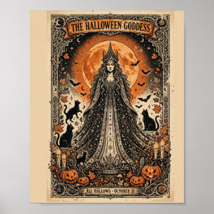 Halloween Goddess Vintage Gothic Witch Black Cat Poster