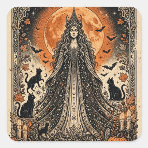 Halloween Goddess Vintage Gothic Witch Black Cat Square Sticker