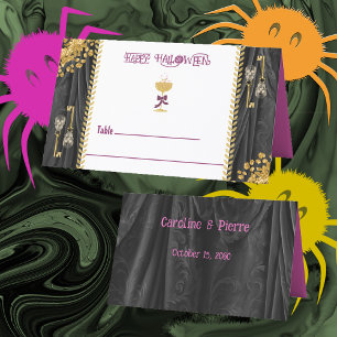 Halloween Gold Glitter Skulls & Champagne Place Card