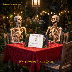 Halloween Gold Glitter Skulls & Champagne Place Card