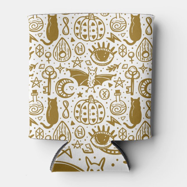 Halloween golden ink, seamless silhouette pattern. can cooler (Front)
