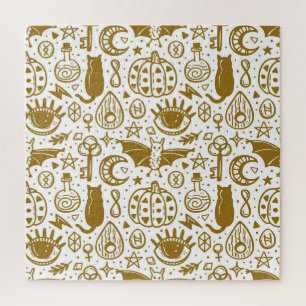 Halloween golden ink, seamless silhouette pattern. jigsaw puzzle
