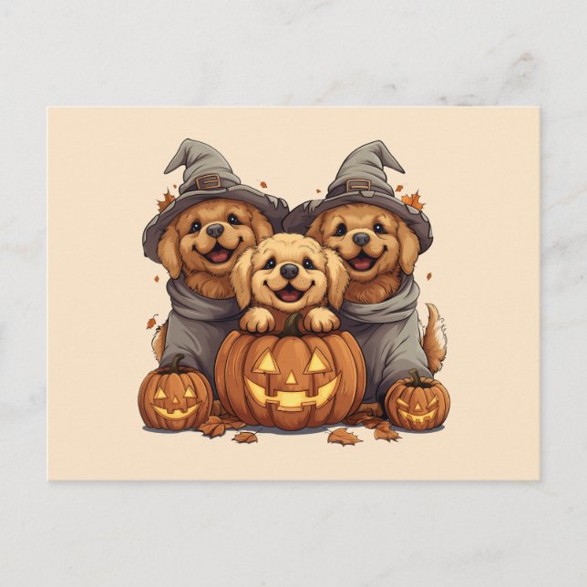 Halloween Golden Retriever Dogs Jack O Lantern Postcard (Front)