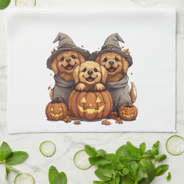 Halloween Golden Retriever Dogs Jack O Lantern Tea Towel (Folded)