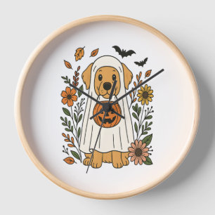Halloween Golden Retriever Flowers Clock