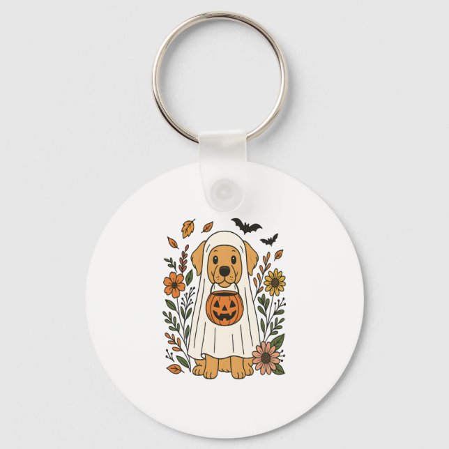 Halloween Golden Retriever Flowers Key Ring (Front)