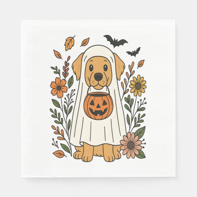 Halloween Golden Retriever Flowers Napkin (Front)