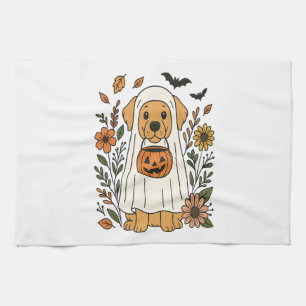 Halloween Golden Retriever Flowers Tea Towel
