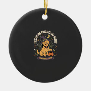 Halloween Golden Retriever Pumpkin Mischief Ceramic Ornament