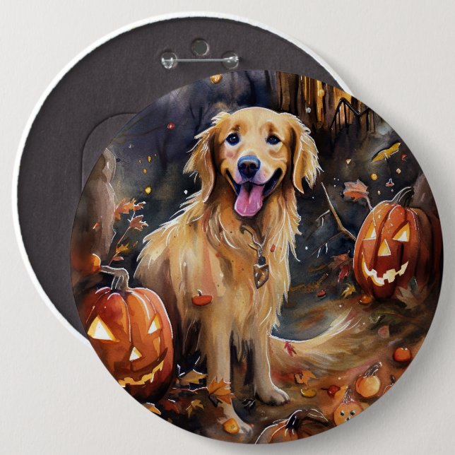 Halloween Golden Retriever With Pumpkins Scary 6 Cm Round Badge (Front & Back)