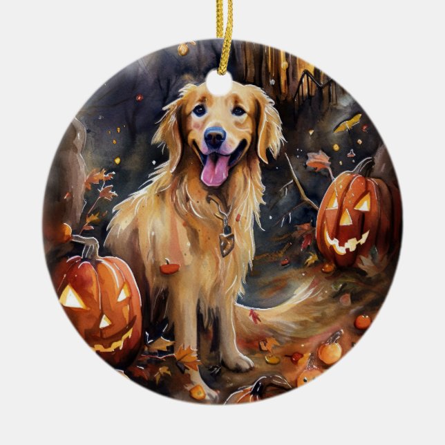Halloween Golden Retriever With Pumpkins Scary Ceramic Ornament (Front)