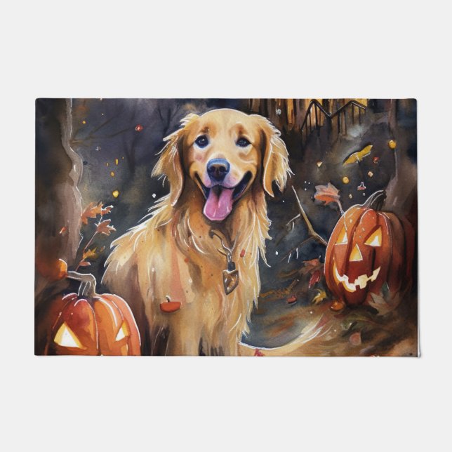 Halloween Golden Retriever With Pumpkins Scary Doormat (Front)