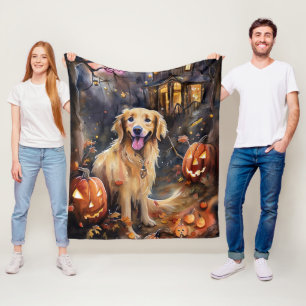 Halloween Golden Retriever With Pumpkins Scary Fleece Blanket