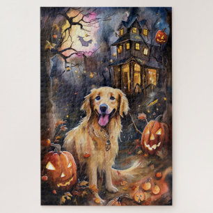 Halloween Golden Retriever With Pumpkins Scary Jigsaw Puzzle