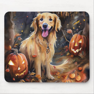 Halloween Golden Retriever With Pumpkins Scary Mouse Pad