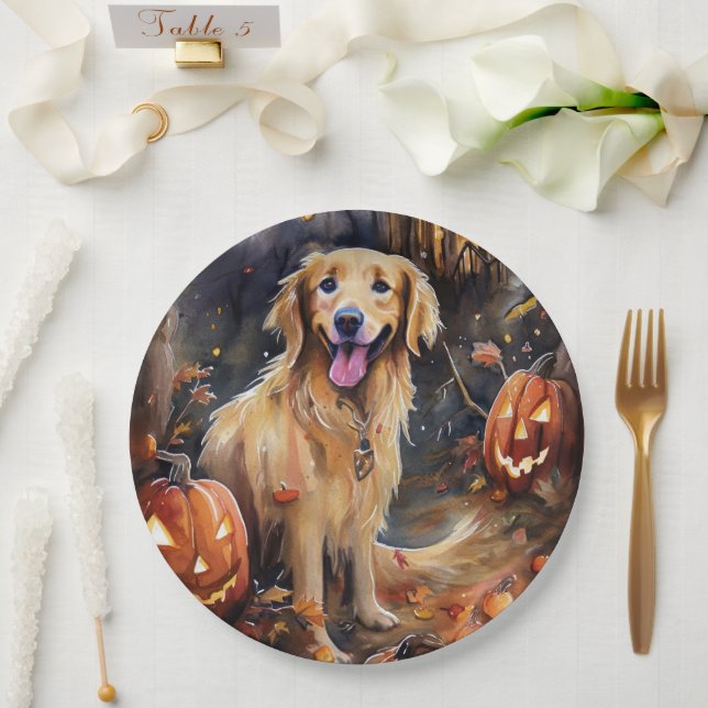 Halloween Golden Retriever With Pumpkins Scary Paper Plate (Wedding)