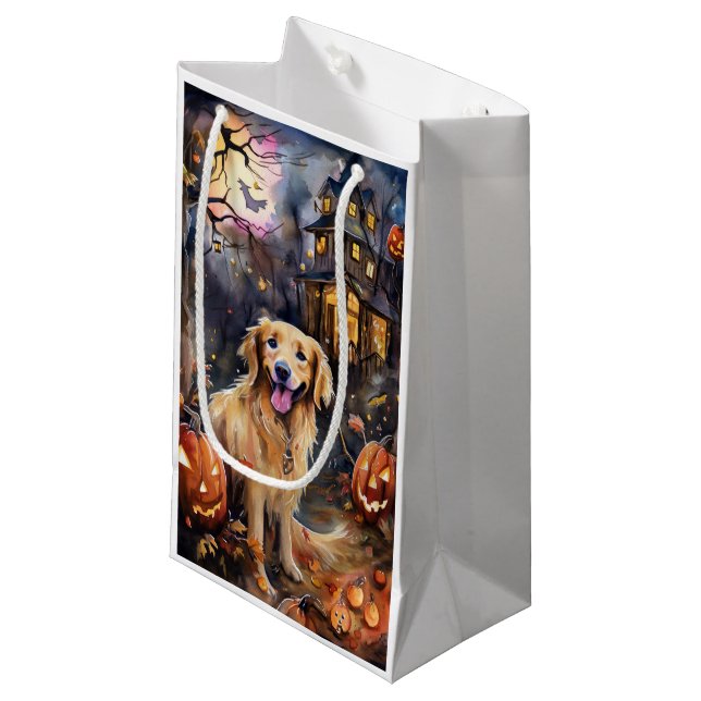 Halloween Golden Retriever With Pumpkins Scary Small Gift Bag (Front Angled)