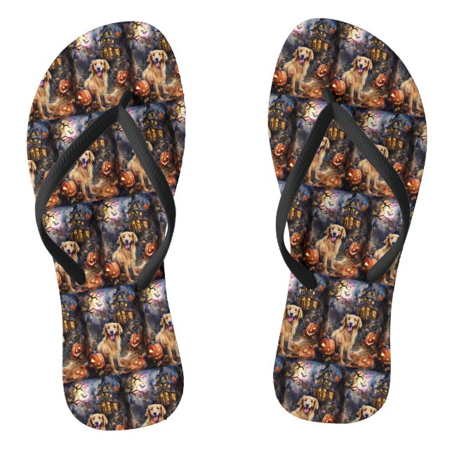 Halloween Golden Retriever With Pumpkins Scary Thongs (Footbed)