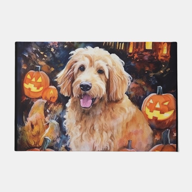 Halloween Goldendoodle With Pumpkins Scary Doormat (Front)