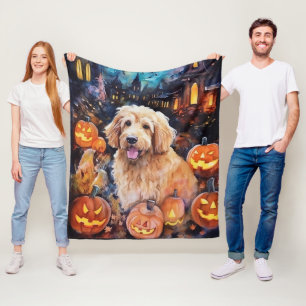 Halloween Goldendoodle With Pumpkins Scary Fleece Blanket