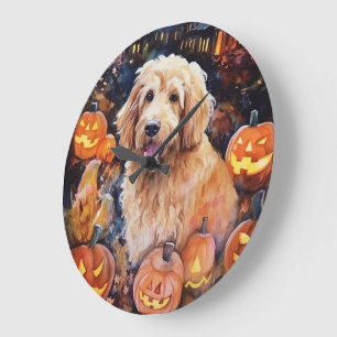 Halloween Goldendoodle With Pumpkins Scary Large Clock