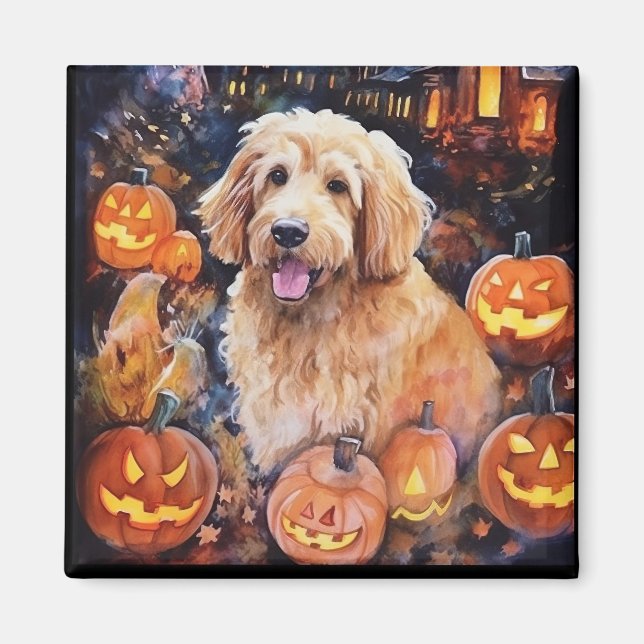 Halloween Goldendoodle With Pumpkins Scary Magnet (Front)