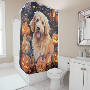Halloween Goldendoodle With Pumpkins Scary Shower Curtain
