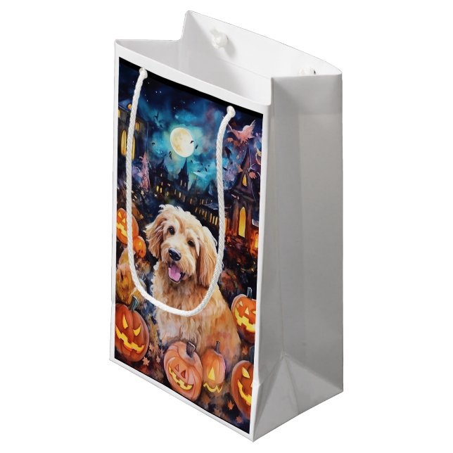 Halloween Goldendoodle With Pumpkins Scary Small Gift Bag (Front Angled)