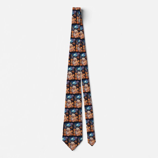 Halloween Goldendoodle With Pumpkins Scary Tie (Front)