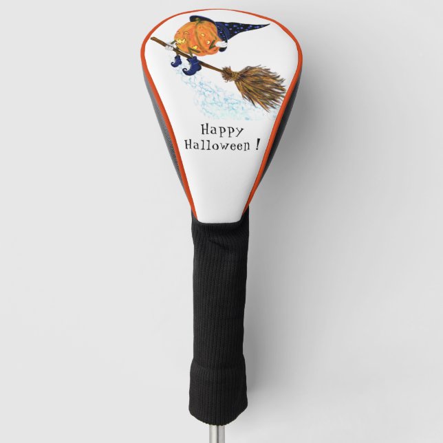 Halloween Golf Head Cover Witch Pumpkin with Broom (Front)