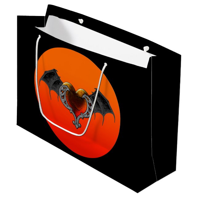 Halloween Goth Orange Heart & Bat Wings Gift Bag (Front Angled)