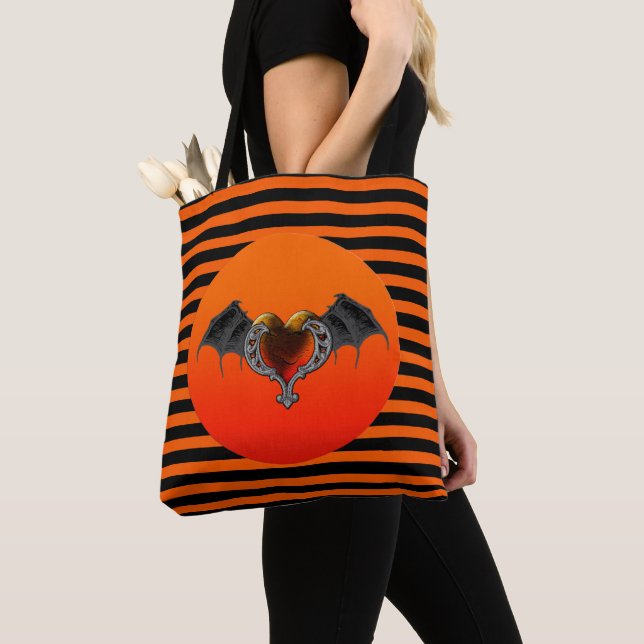 Halloween Goth Orange Heart & Bat Wings Tote Bag (Close Up)