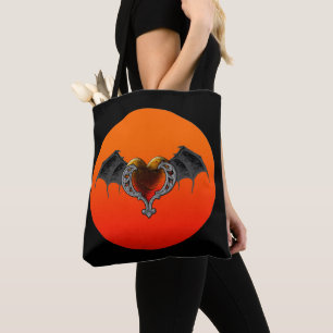 Halloween Goth Orange Heart & Bat Wings Tote Bag