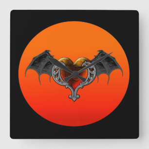Halloween Goth Orange Heart & Bat Wings Wall Clock
