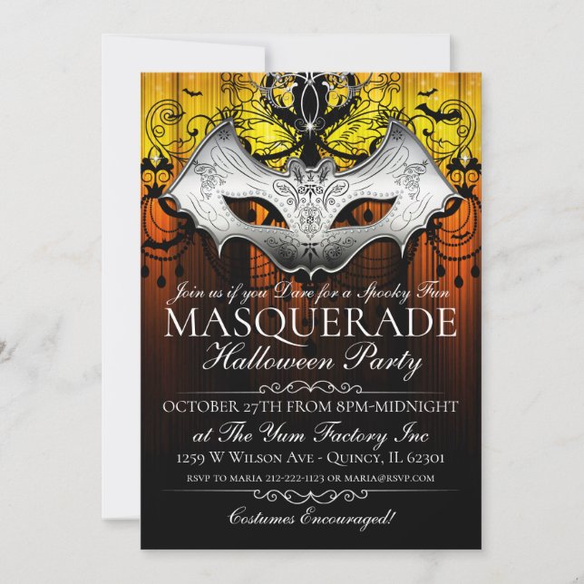 Halloween Gothic Bat Mask Masquerade Party Invite (Front)