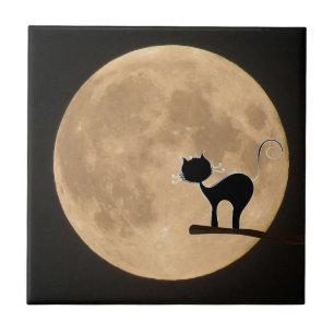 Halloween gothic black cat with full moon tile