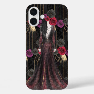 HALLOWEEN GOTHIC BLACK RED PURPLE FLOWERS & WOMAN iPhone 16 PLUS CASE