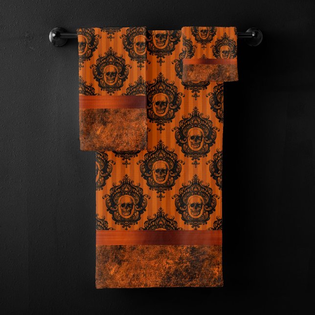 Halloween Gothic Chic | Orange and Black Skulls Bath Towel Set (Creator Uploaded)