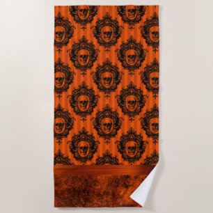 Halloween Gothic Chic   Orange and Black Skulls Beach Towel