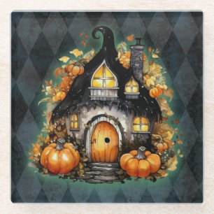 Halloween Gothic Fall Fairy Cottage Blue Argyle Glass Coaster