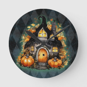 Halloween Gothic Fall Fairy Cottage Blue Argyle  Round Clock