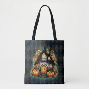 Halloween Gothic Fall Fairy Cottage Blue Argyle Tote Bag