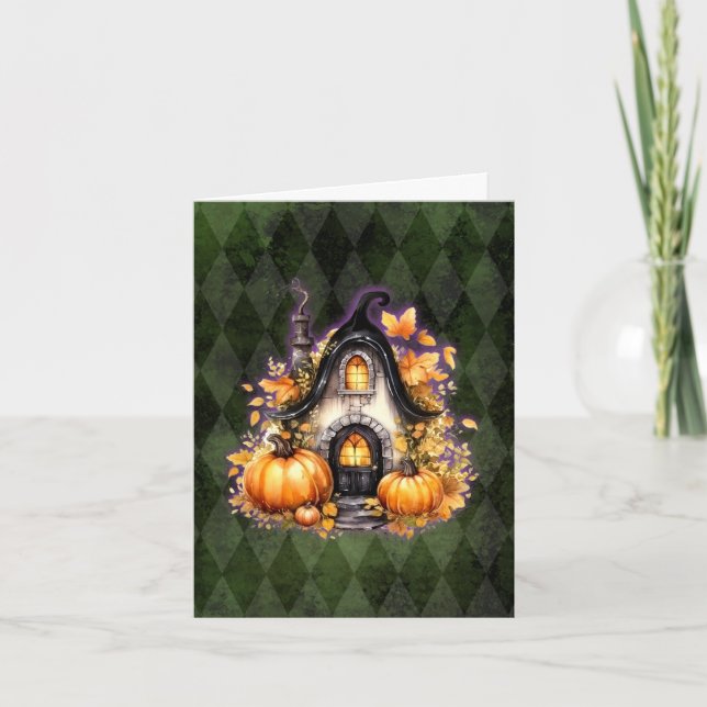 Halloween Gothic Fall Fairy Cottage Green Argyle  Card (Front)