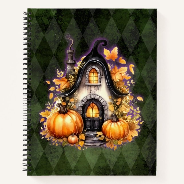 Halloween Gothic Fall Fairy Cottage Green Argyle  Notebook (Front)